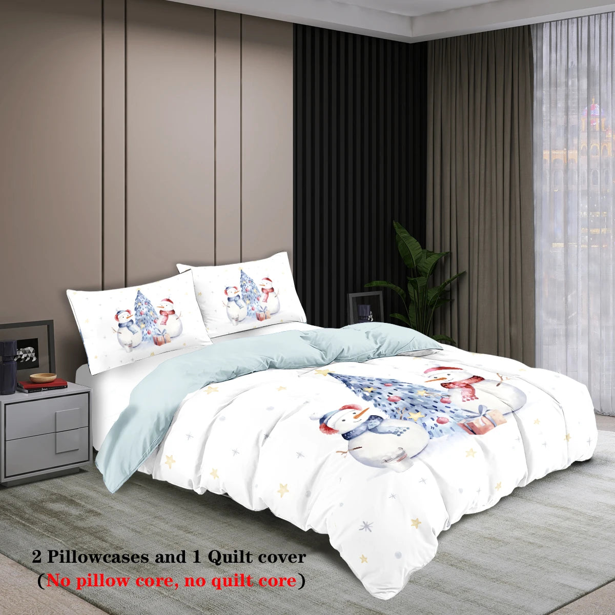 Christmas Snowman Bedding Set – 3-Piece Printed Duvet Cover & 2 Pillowcases, Festive Holiday Bedding for Teens & Adults