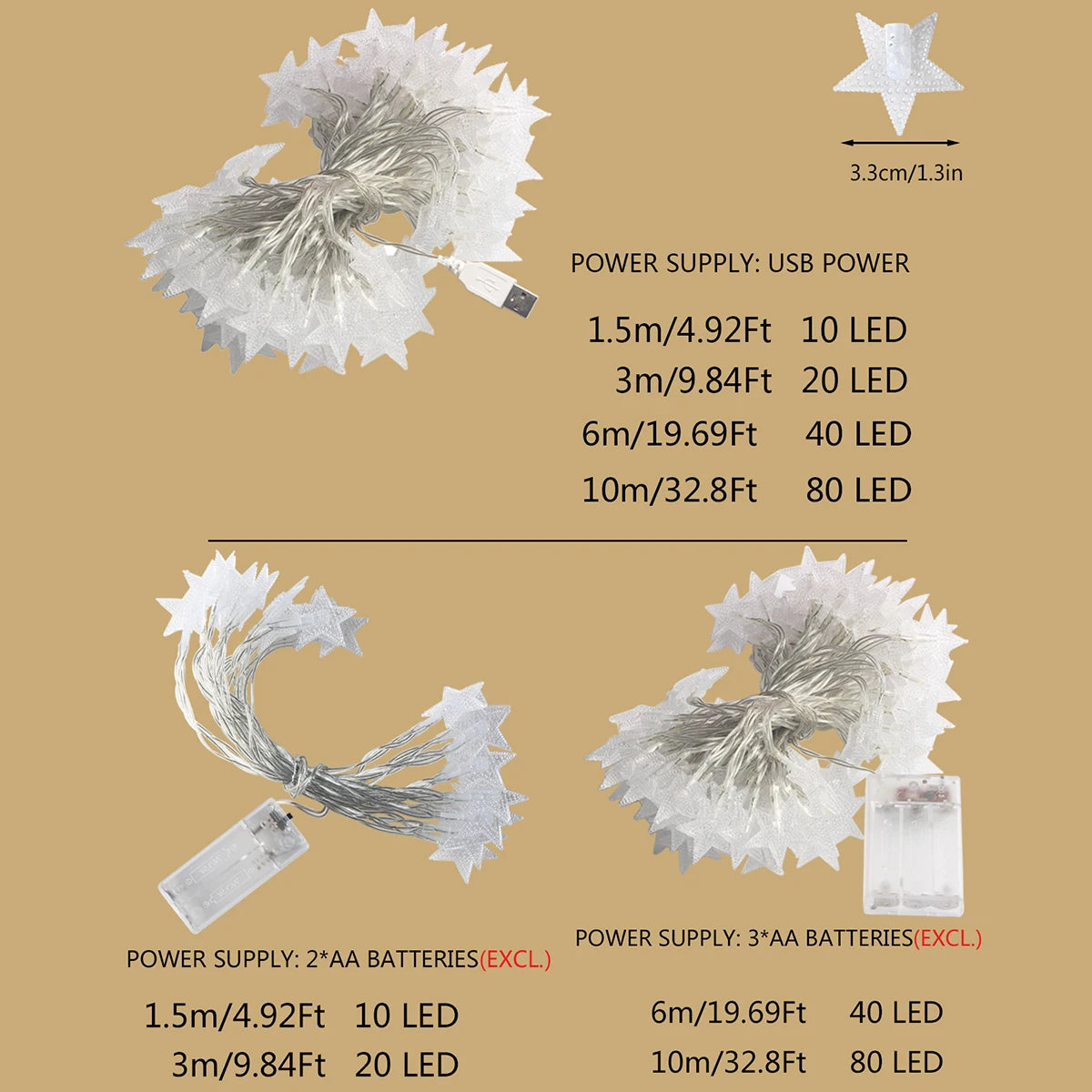 LED Star Fairy Lights, 1.5–10M Star String Lights with 10–80 LEDs, Warm White & White Decorative Garland Lights for Christmas, Wedding, Party, Garden & Home Decor