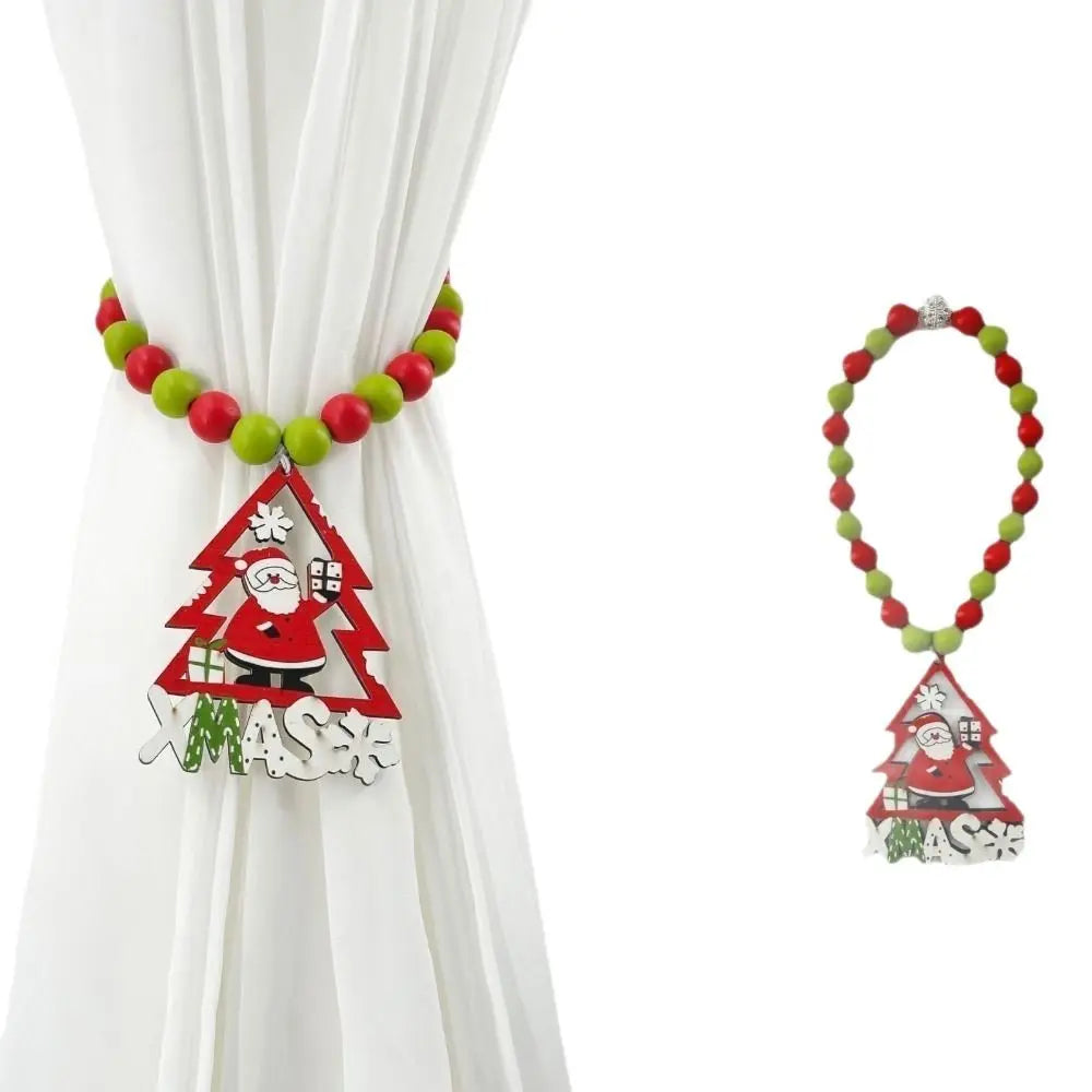 Christmas Curtain Tiebacks 38cm, Boho Wooden Bead Curtain Holdbacks with Alloy Accents, Reusable No-Drill Curtain Ties in Red & Green for Holiday Home Decor