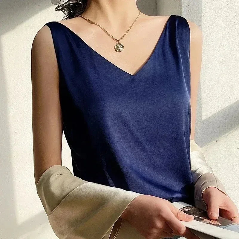 Tank Tops for Women Sleeveless V Neck Satin Silk Camisole Fashion Summer Solid Loose Vest Ladies Tops Streetwear