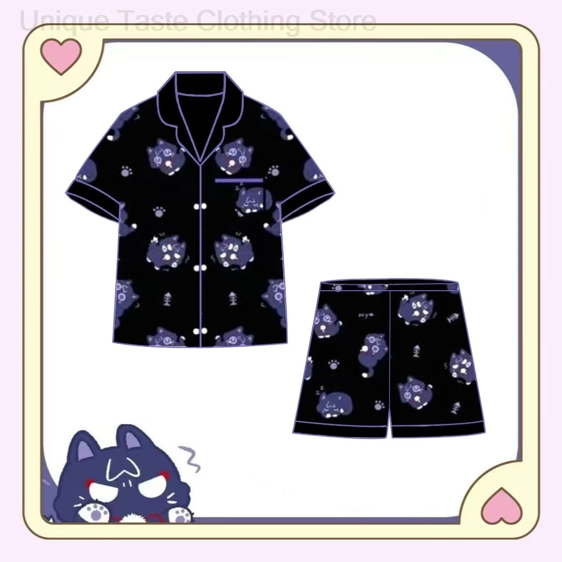 Genshin Impact Cartoon Pajamas Sleepwear Pants Set Xiao Cute Cat Print Shorts Shirt Leisure Home Clothes Women Men Summer Suit