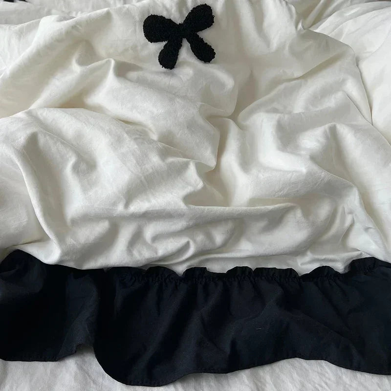 Black Bow Cotton Bedding Set – Princess Style Washed Cotton Duvet Cover with Embroidered Bow, Flat Sheet & Pillowcases