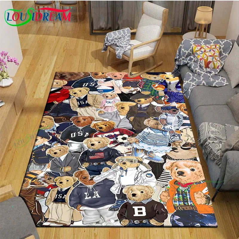 Cute Bear Cartoon Area Rug, 3D Printed Polyester Crystal Velvet Carpet with Non-Woven Backing, Kids Bedroom & Living Room Mat for Playroom, Home & Decor