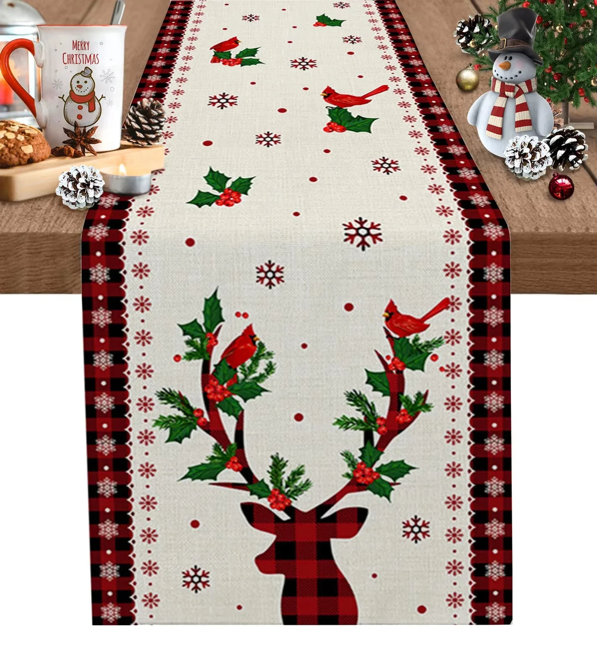 Christmas Plaid Table Runner with Snowflake & Ornament Design, Merry Christmas Holiday Table Decor, Festive Polyester Dining Table Accent for Home, Party & Winter Decor