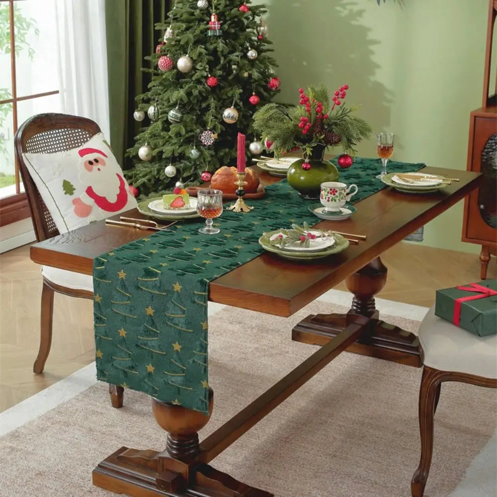 Christmas Tree Table Runner 33×183cm – Plush Embroidered & Embossed Table Cover for Dining Table, Holiday & Festive Home Decor