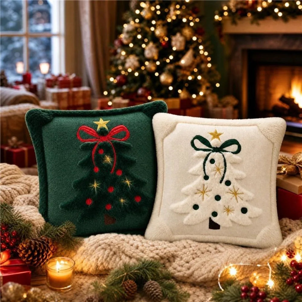 Christmas Tree Cushion Covers with 3D Embroidered Bow & Star, Soft Plush Velvet-Style Pillowcases, Festive Holiday Throw Pillow Covers for Sofa, Bed & Home Decor