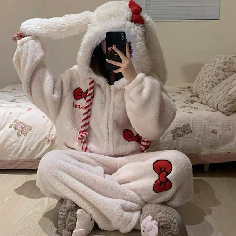 Thickened Winter Pajamas Onesie Coral Fleece Hooded Sleepwear for Cute Girls And Men Home Clothes Outdoor Wearable Cartoon Print