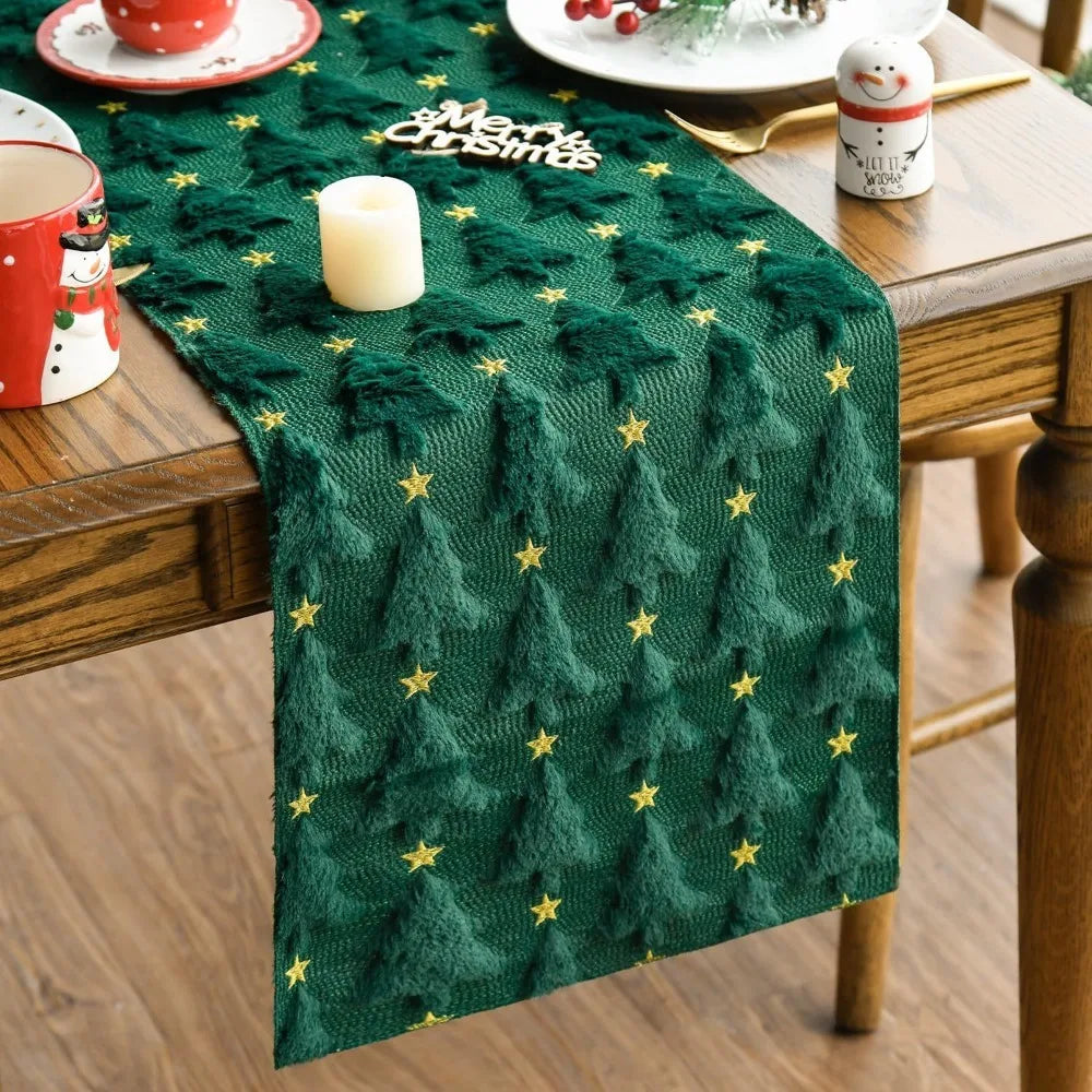 Christmas Tree Table Runner 33×183cm – Plush Embroidered & Embossed Holiday Tablecloth for Dining Table, Festive Home Decor