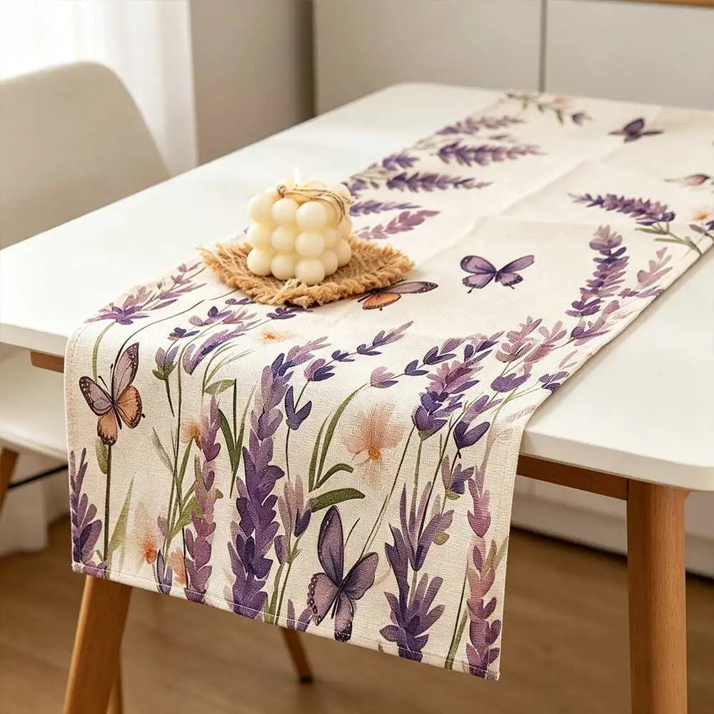 Purple Lavender Floral Table Runner 33×183cm – Vintage Printed Cotton-Linen Table Cover, Reusable Farmhouse Dining Table Decor