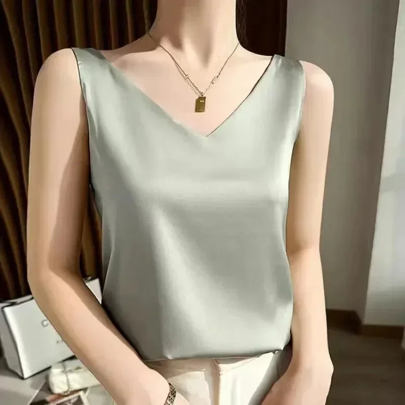Tank Tops for Women Sleeveless V Neck Satin Silk Camisole Fashion Summer Solid Loose Vest Ladies Tops Streetwear