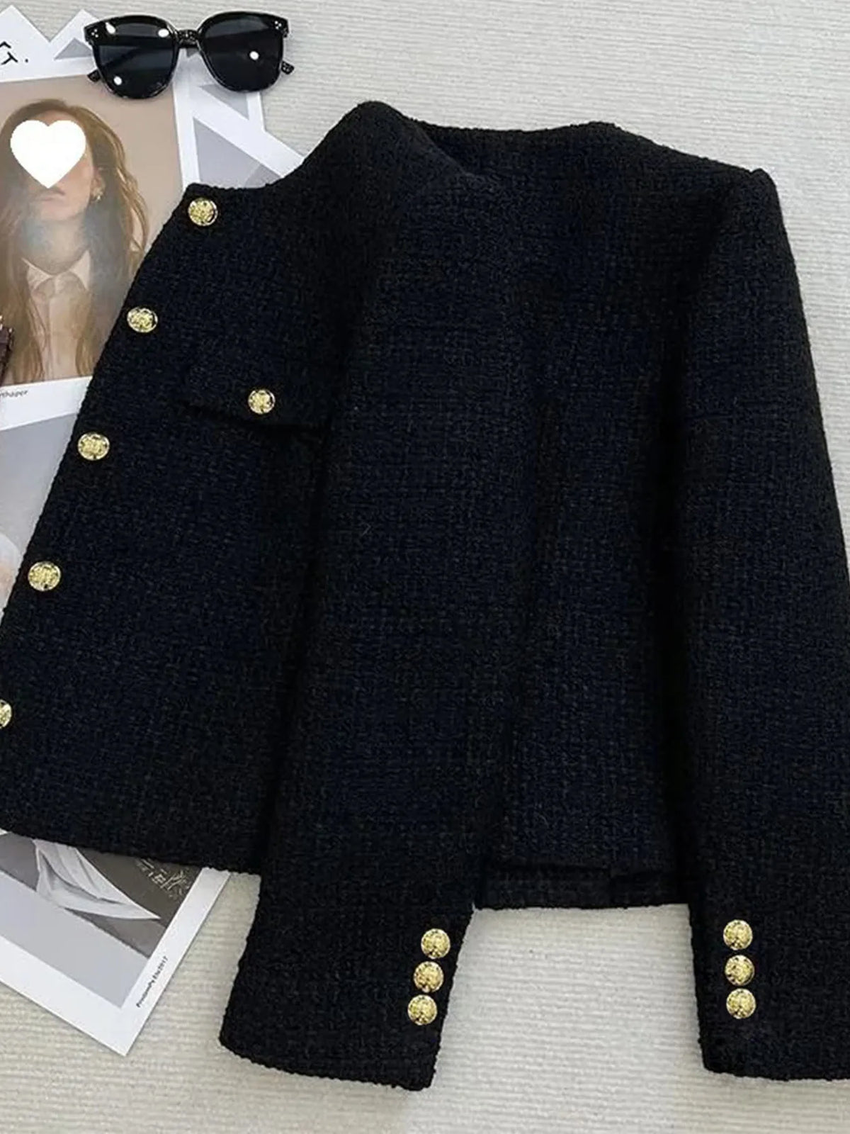 French Wool Tweed Coat Fashion High-end Gold Button Short Slim