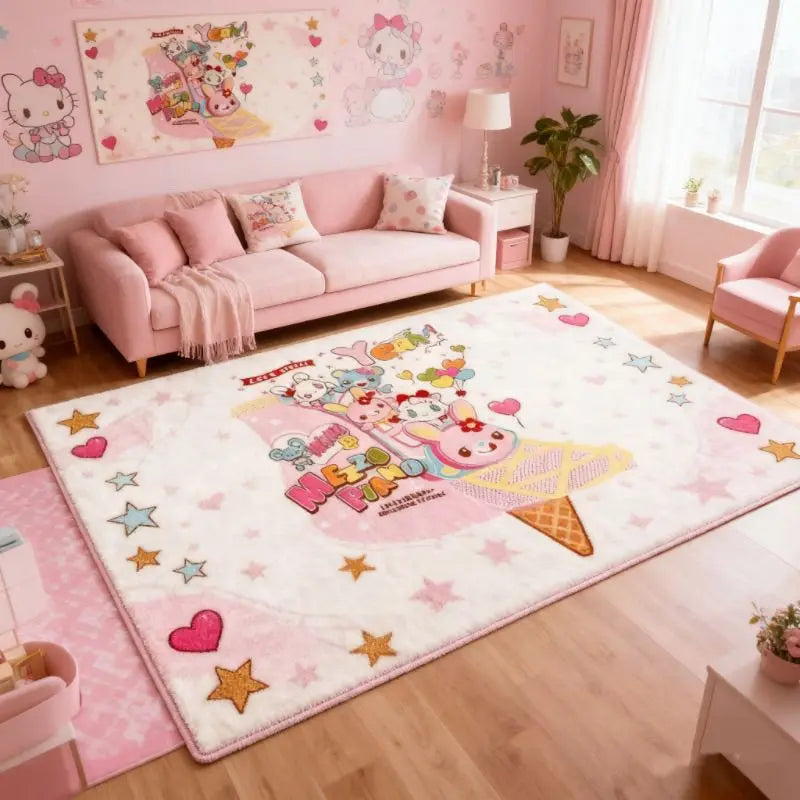 Japanese Cartoon Plush Bedside Rug, Soft Polyester Floor Mat for Bedroom, Living Room, Sofa & Coffee Table, Cute All-Season Home Decor Carpet