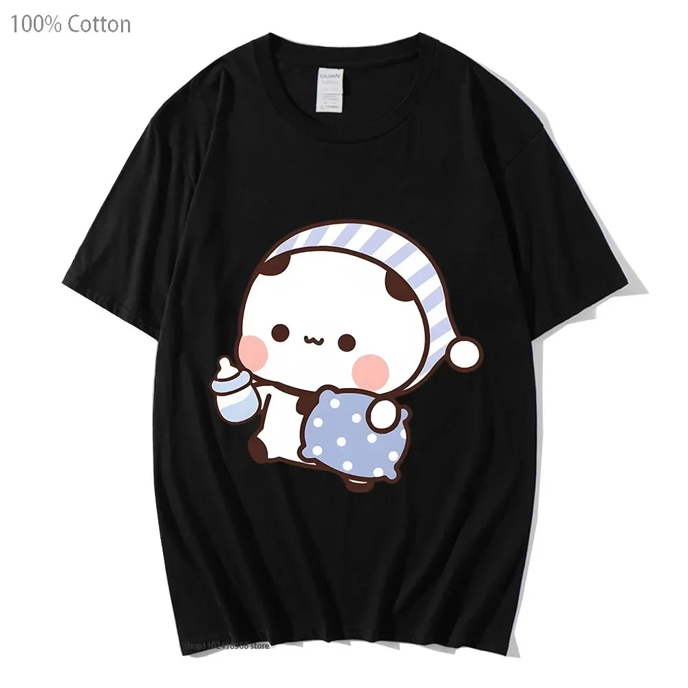 Couple Shirts Kawaii Cute BuBu Panda Going To Sleep with DuDu Bear Graphic Tshirt Cotton Men Women Clothes Long Sleeve Tees