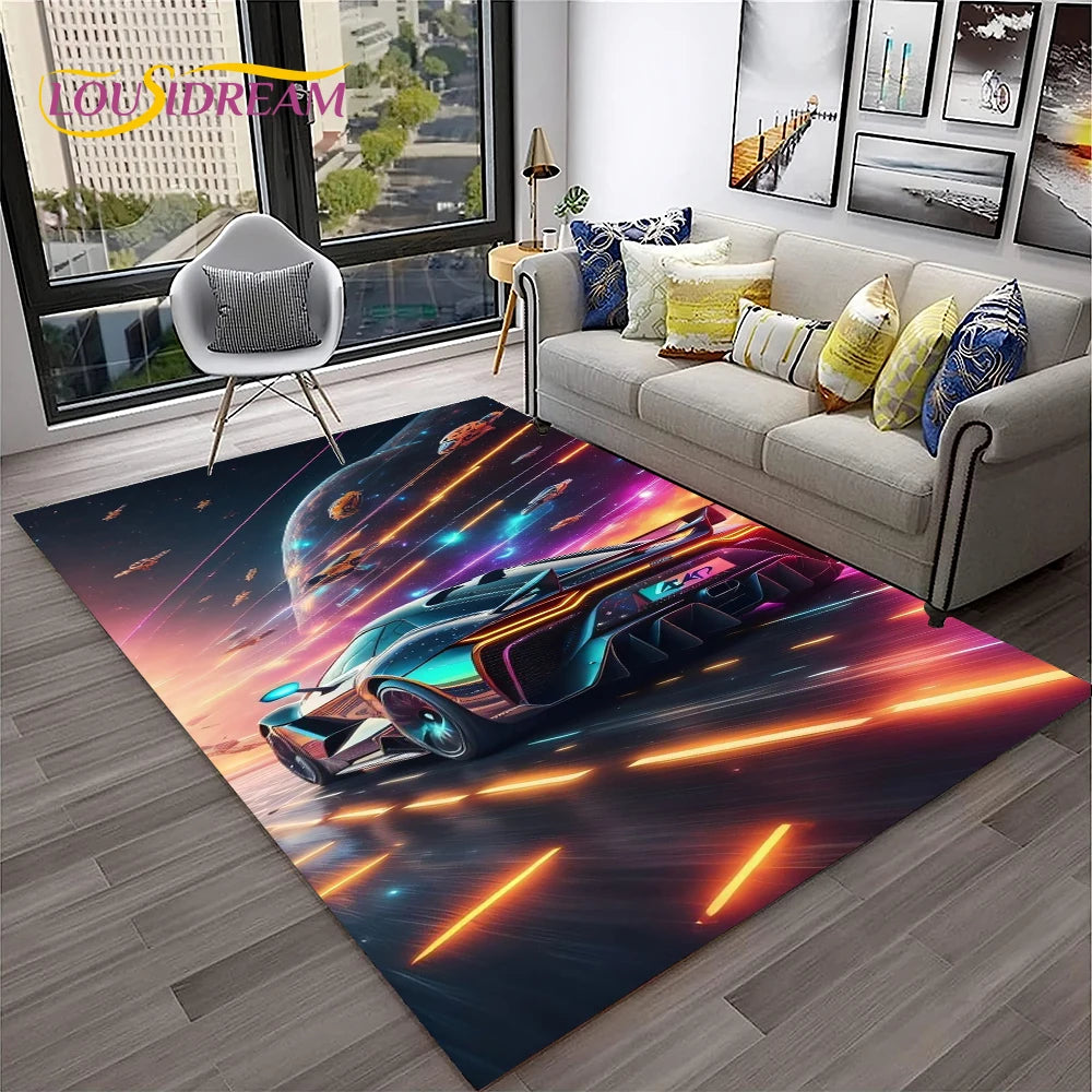 Sports Car Racing Rug, 3D Printed Cartoon Polyester Crystal Velvet Carpet with Non-Woven Backing, Kids Playroom Floor Mat for Bedroom, Living Room & Home Decor