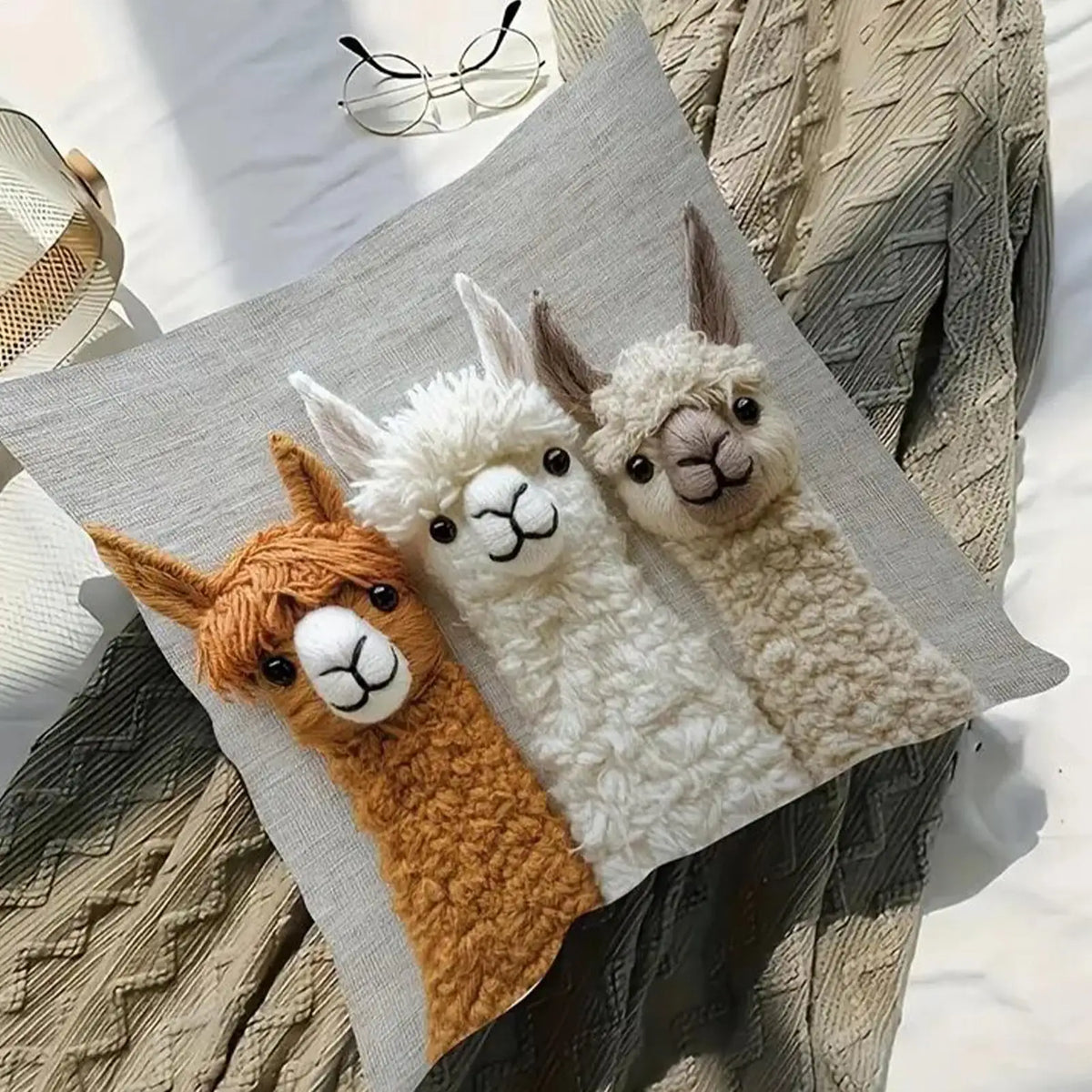 Cute Alpaca Pillow Cover 45×45cm, 2D Flat-Printed Cartoon Animal Cushion Case, Retro Alpaca Throw Pillowcase for Sofa, Bedroom, Living Room, Dorm, Nursery & Car Decor