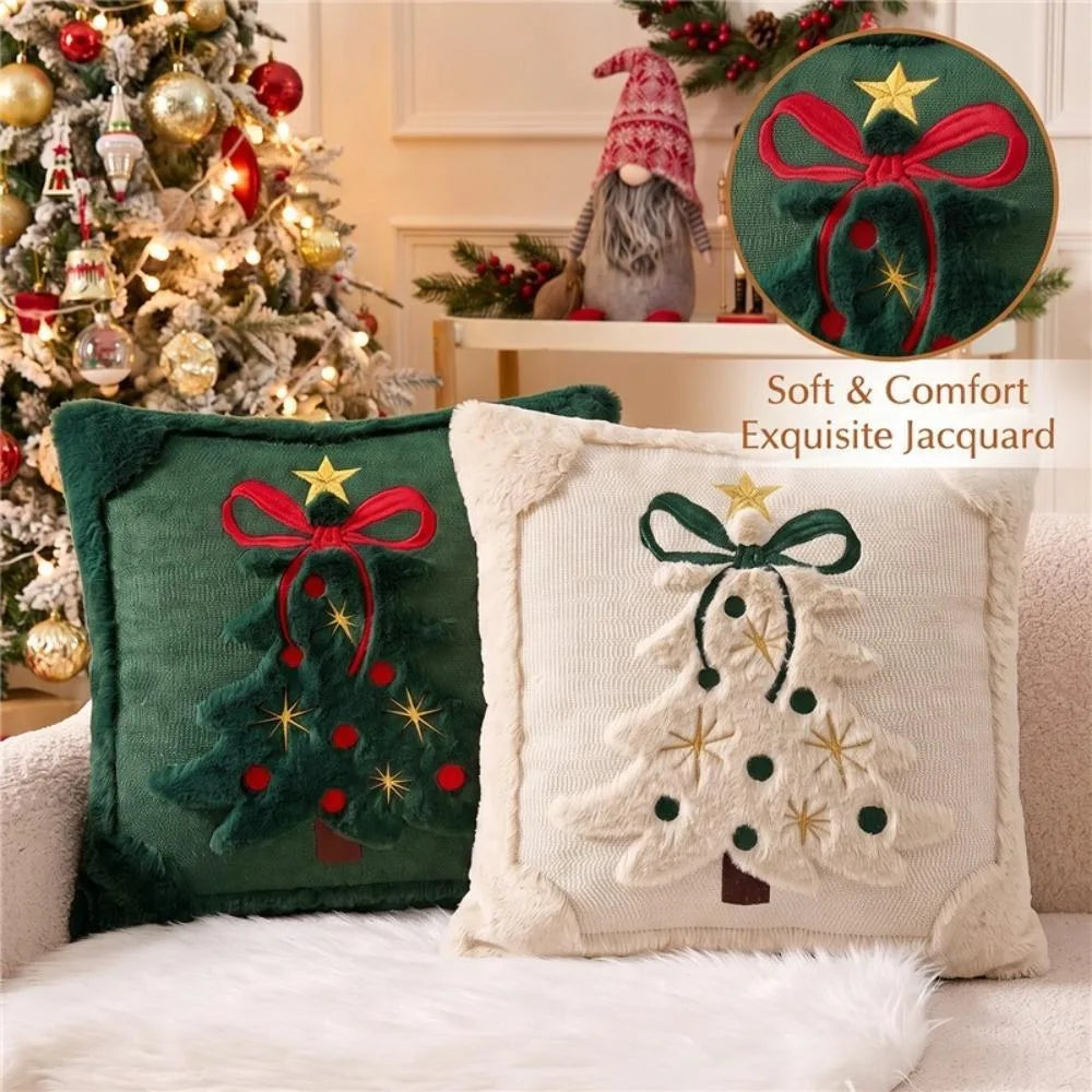 Christmas Tree Cushion Covers with 3D Embroidered Bow & Star, Soft Plush Velvet-Style Pillowcases, Festive Holiday Throw Pillow Covers for Sofa, Bed & Home Decor