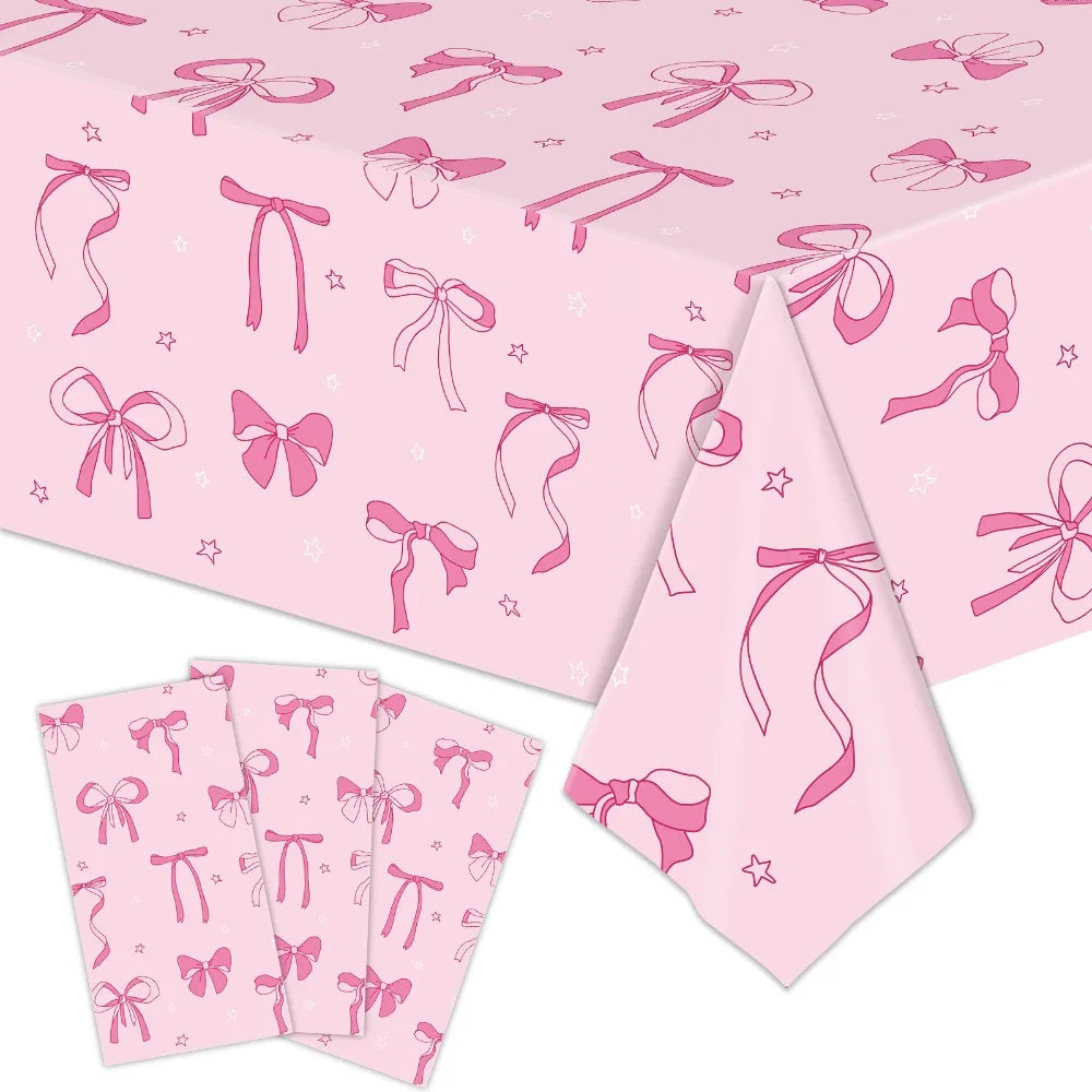 Cute Bow Birthday Tablecloth 137×274cm, Disposable Waterproof Plastic Table Cover for Birthday Party, Baby Shower, Wedding & Celebration Dining Table Decor