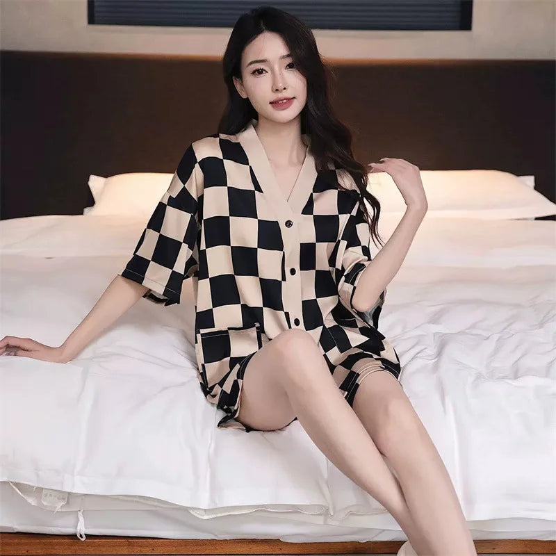 2026 Spring Autumn Fashion Square Couple Ice Silk Pajamas Women Short Sleeve Pants Two Piece Set Nightgown Sleepwear Homesuit