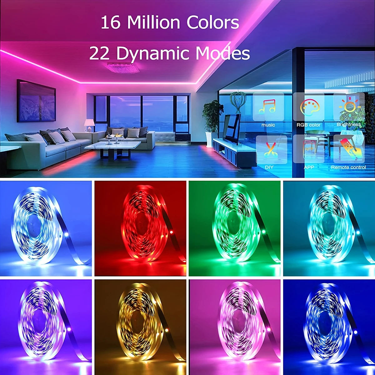 RGB LED Strip Lights for Room, 10M/20M/30M Music Sync LED Light Strip with App & Remote, 24V Flexible LED Tape for Bedroom, TV Backlight & Home Decor