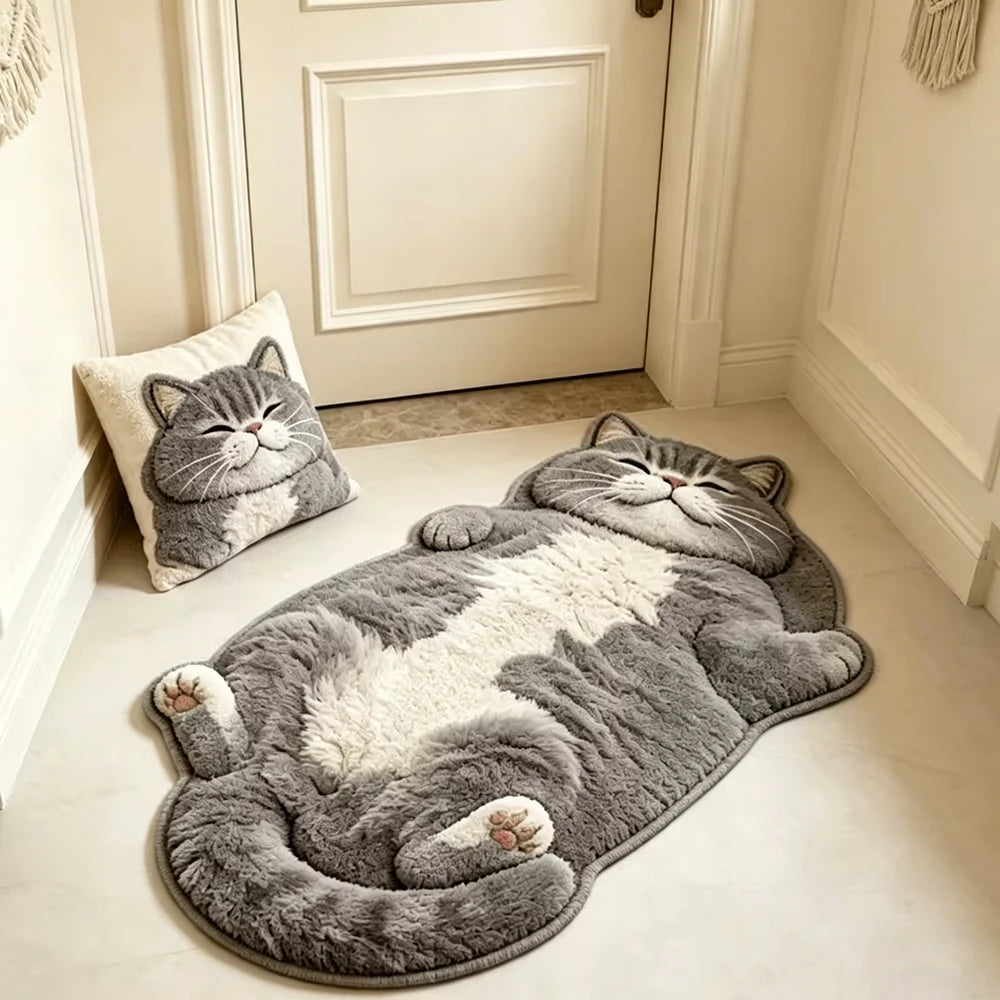 Cute Cat-Shaped Area Rug, Soft Plush Polyester Fleece Carpet with PVC Backing, Japanese & Korean Style Cartoon Floor Mat for Bedroom, Living Room & Hallway Decor