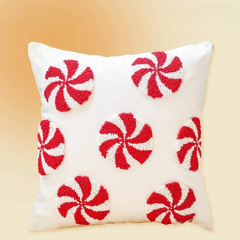 Christmas Tufted Cushion Cover 45×45cm, Red & White 3D Candy Cane & Santa Hat Embroidered Pillowcase, Festive Holiday Throw Pillow Cover for Sofa, Chair, Car & Home Decor