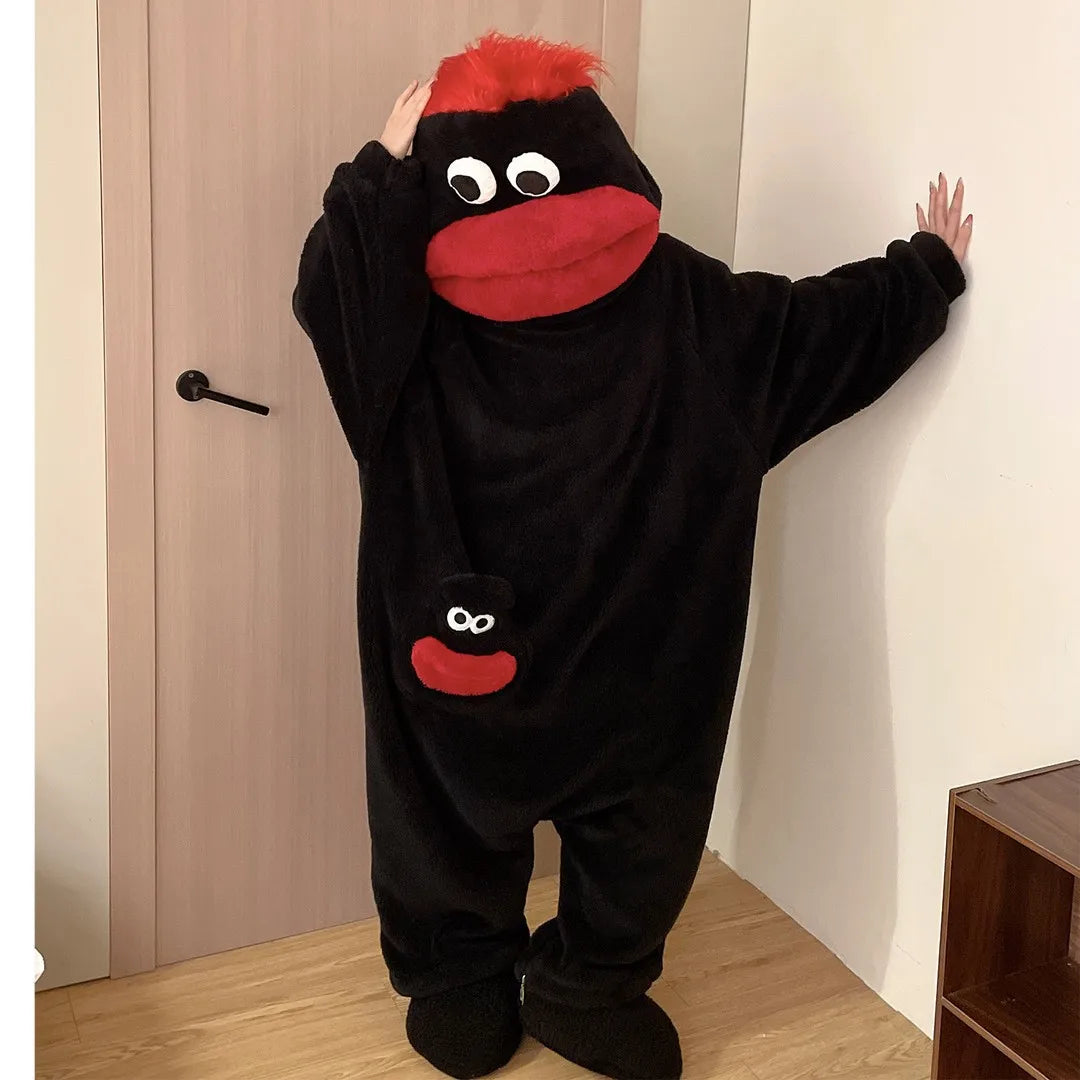 Funny Cute Wide Mouth Fish Cartoon Onesie Pajamas Thick Coral Fleece Couple Homewear Men Women Autumn Warm Loose Sleep Costume