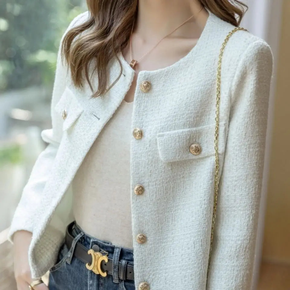 French Wool Tweed Coat Fashion High-end Gold Button Short Slim