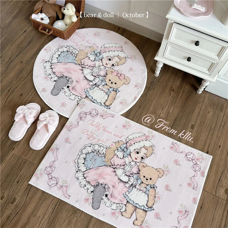 Cute Cartoon Bear Rug, Kawaii Round & Rectangular Plush Carpet with PVC Anti-Slip Backing, Soft Polyester Bedside Floor Mat for Bedroom, Living Room & Home Decor
