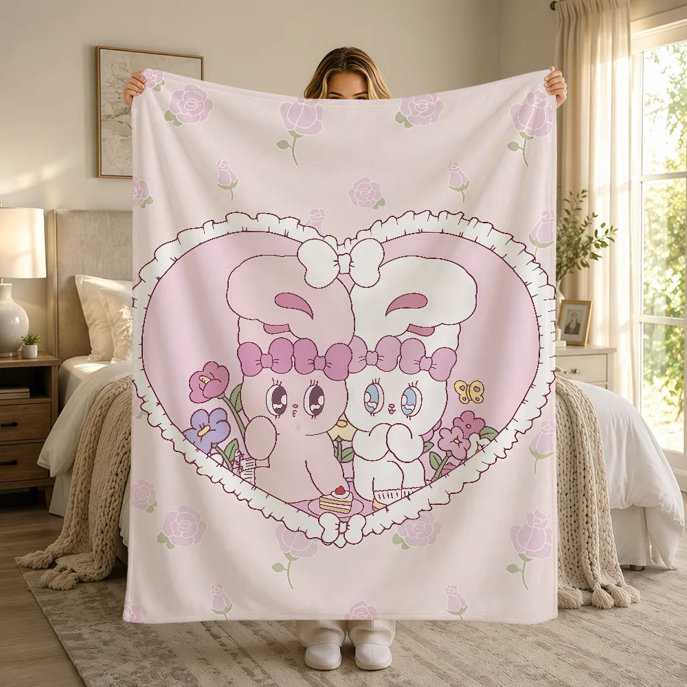 Kawaii Esther Bunny Plush Blanket – Cute Cartoon Rabbit Flannel Throw, Soft Printed Blanket for Sofa, Bed, Travel & Gifts