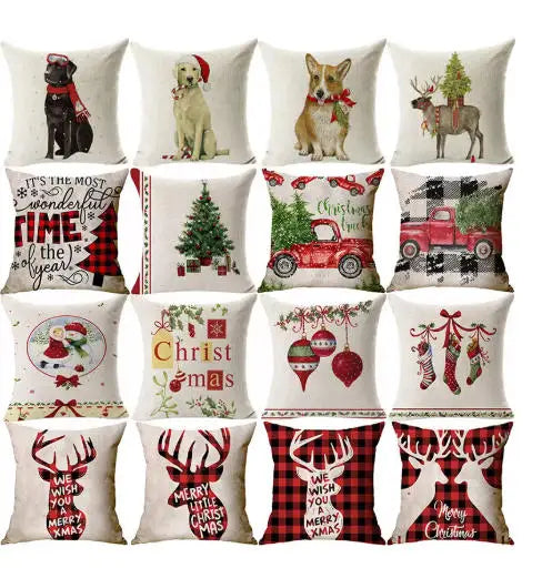 Christmas Elk Santa Cushion Cover 45×45cm, Cartoon Printed Linen Cotton Pillowcase, Festive Holiday Throw Pillow Cover for Sofa, Bed, Chair & Home Decor