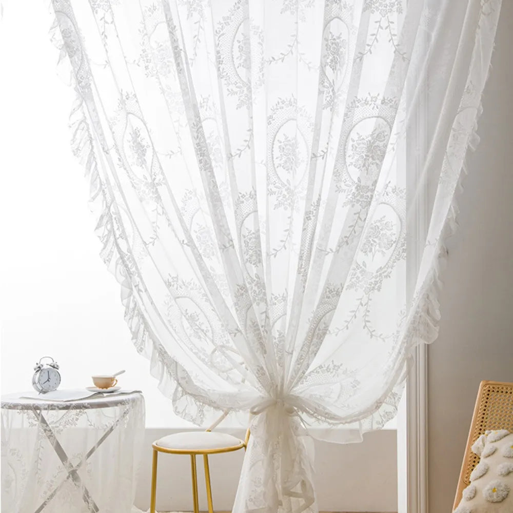 2-Piece French Lace Sheer Curtains, Ruffled Edge Floral Embroidered Polyester Curtains, Rustic Retro European Window Drapes for Bedroom, Living Room & Home Decor