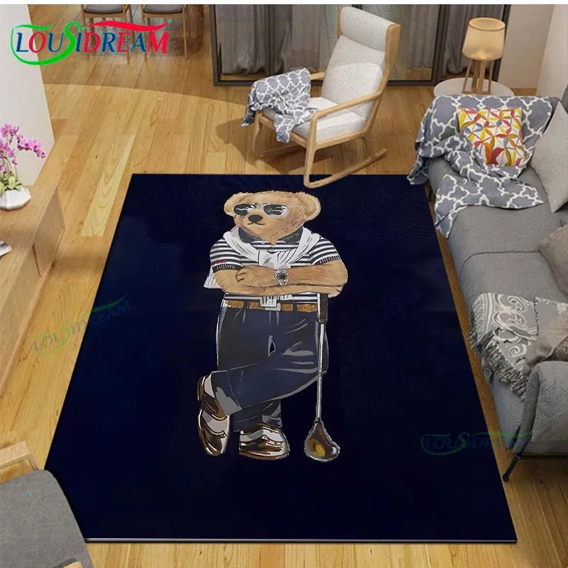 Cute Bear Cartoon Area Rug, 3D Printed Polyester Crystal Velvet Carpet with Non-Woven Backing, Kids Bedroom & Living Room Mat for Playroom, Home & Decor