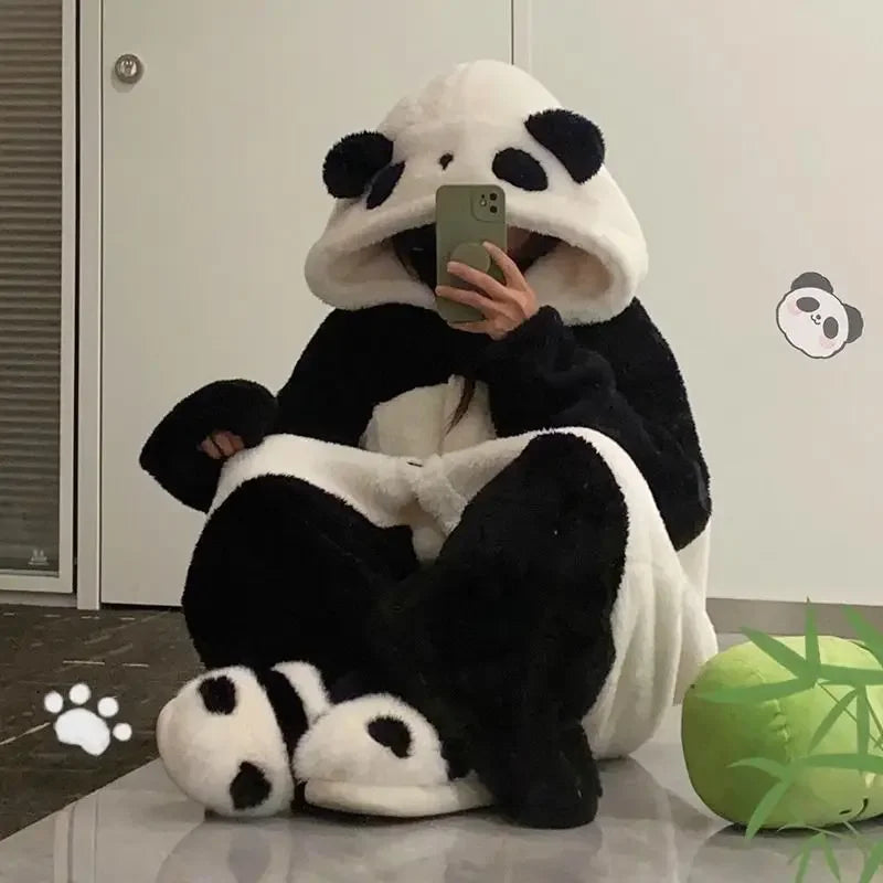 Pajama Kigurumi Cosplay Party Costume Loungewear Cartoon Panda Long Robe Jumpsuit Winter Women Thicken Coral Fleece Homewear