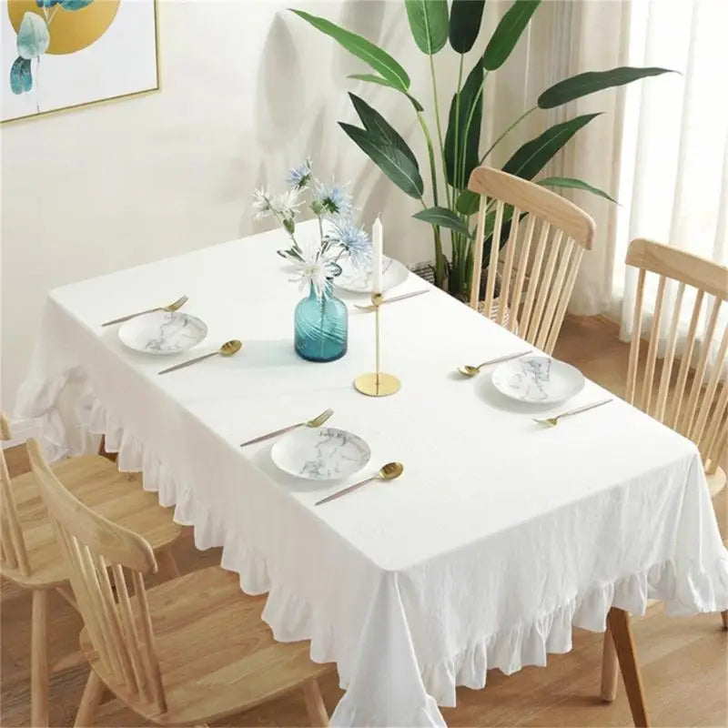 Ruffled Cotton Tablecloth, Nordic Farmhouse Rectangle Table Cover with Elegant Frilled Edge, Reusable Washable Dining Table Linen for Kitchen, Home & Holiday Decor