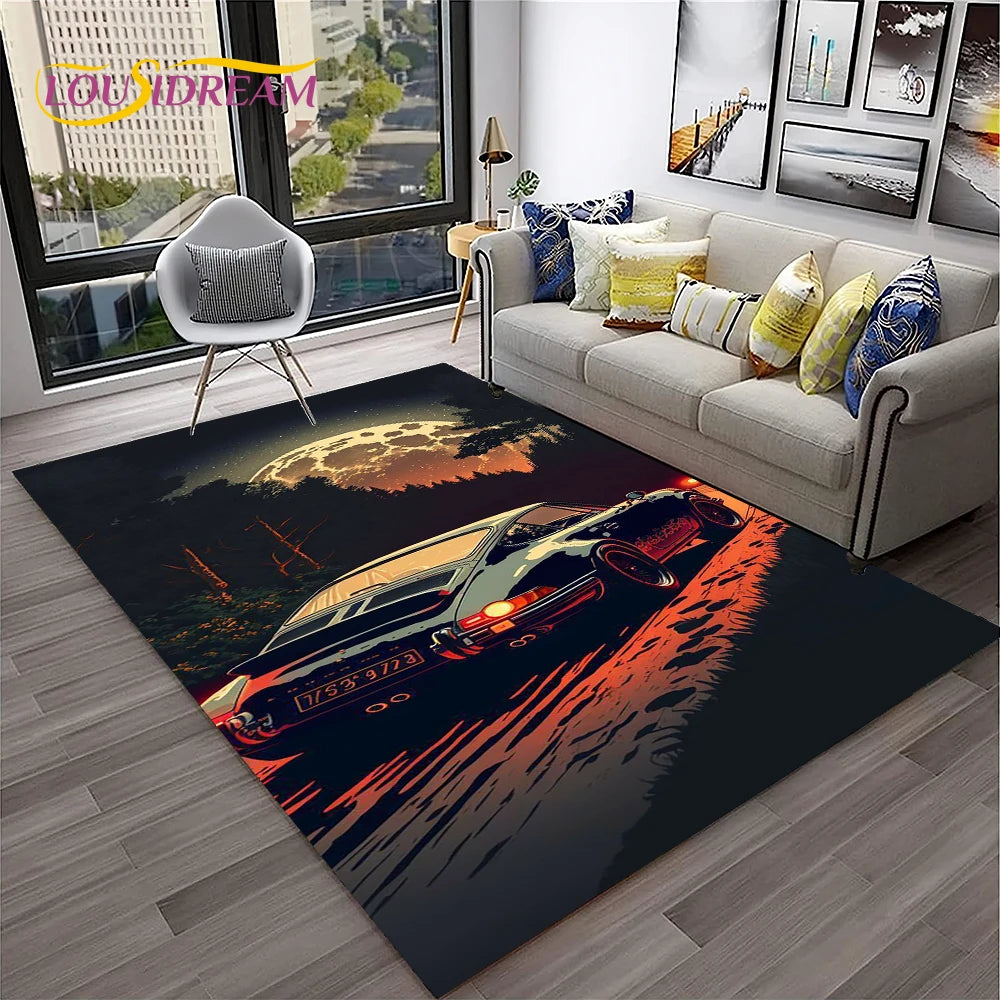 Sports Car Racing Rug, 3D Printed Cartoon Polyester Crystal Velvet Carpet with Non-Woven Backing, Kids Playroom Floor Mat for Bedroom, Living Room & Home Decor