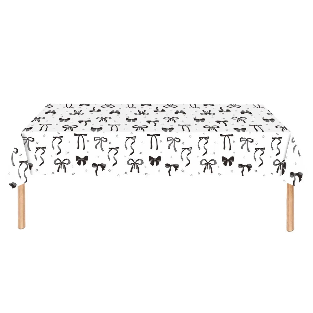 Cute Bow Birthday Tablecloth 137×274cm, Disposable Waterproof Plastic Table Cover for Birthday Party, Baby Shower, Wedding & Celebration Dining Table Decor