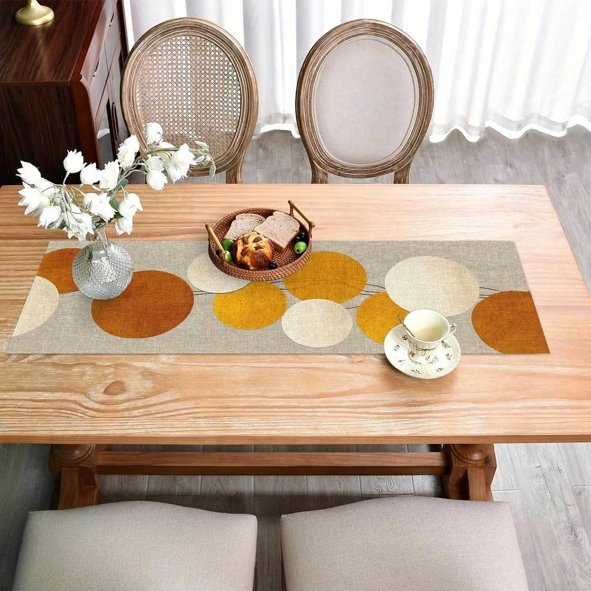 Beige Mustard Yellow White Table Runner, Modern Minimalist Circular Pattern Linen Tablecloth for Dining Room, Kitchen & Office Decor
