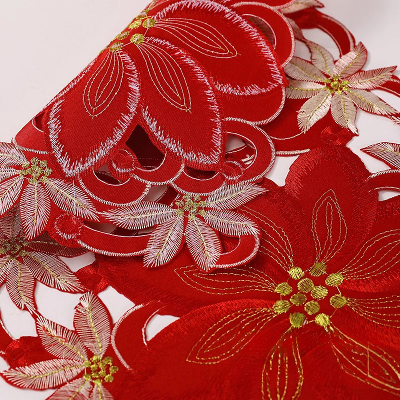 Christmas Embroidered Tablecloth Set, 28×43cm Rectangle Holiday Table Linens with Floral Design, Reusable Table Covers for Dining, Wedding, Party & Banquet Decor