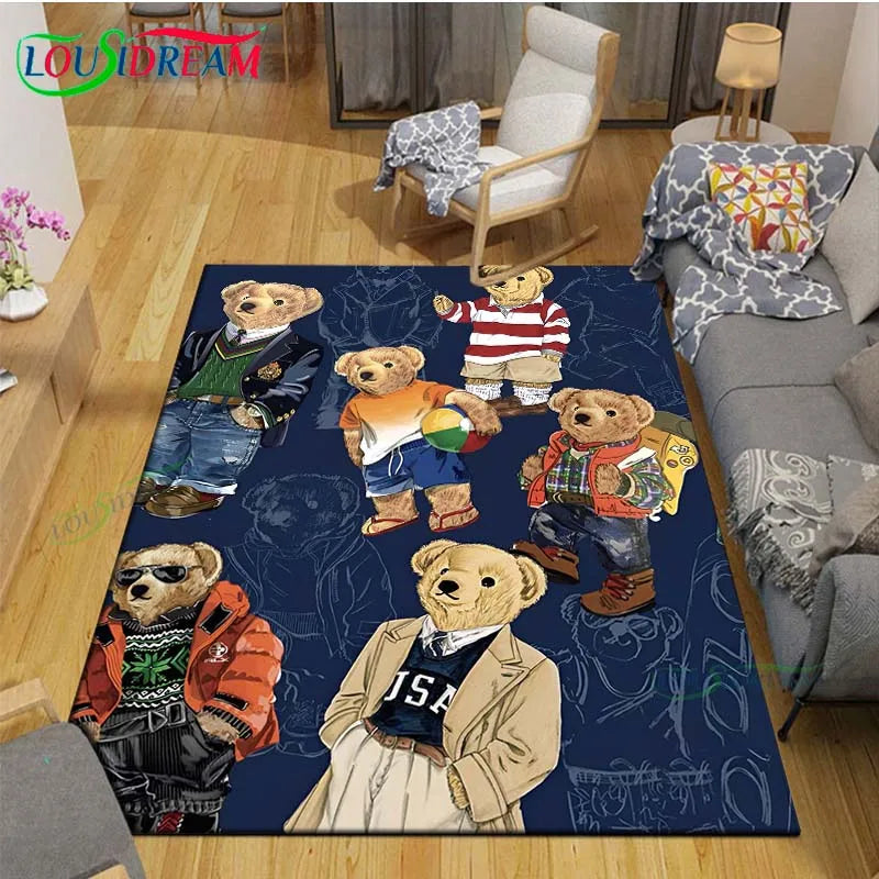 Cute Bear Cartoon Area Rug, 3D Printed Polyester Crystal Velvet Carpet with Non-Woven Backing, Kids Bedroom & Living Room Mat for Playroom, Home & Decor
