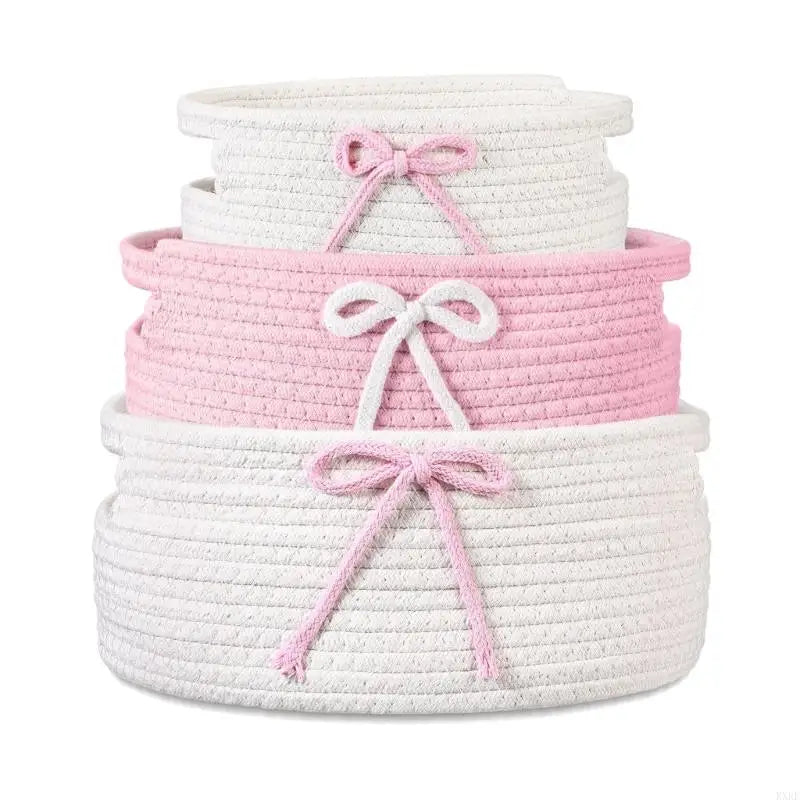 Set Of 3 Hand Handwoven Cotton Bowknot Decorated Storage Baskets Nesting Organizers For Home Bedroom Kids Room KXRE