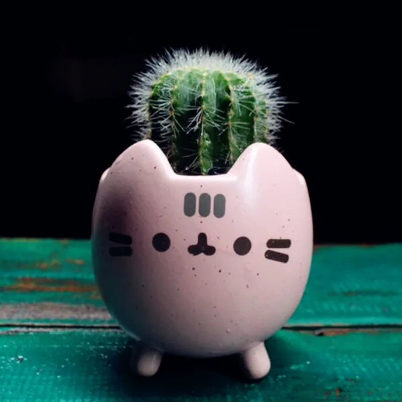 Cute Cat Succulent Pot with Drainage Hole, Small Ceramic Flower Planter, Animal Desktop Flowerpot for Home, Office, Garden, Bonsai & Gift Decor