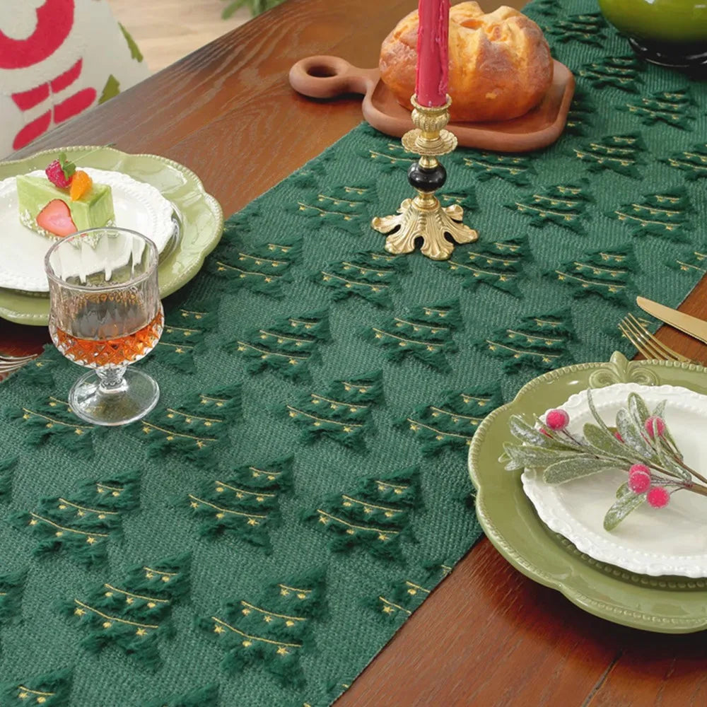 Christmas Tree Table Runner 33×183cm – Plush Embroidered & Embossed Holiday Tablecloth for Dining Table, Christmas & New Year Decor