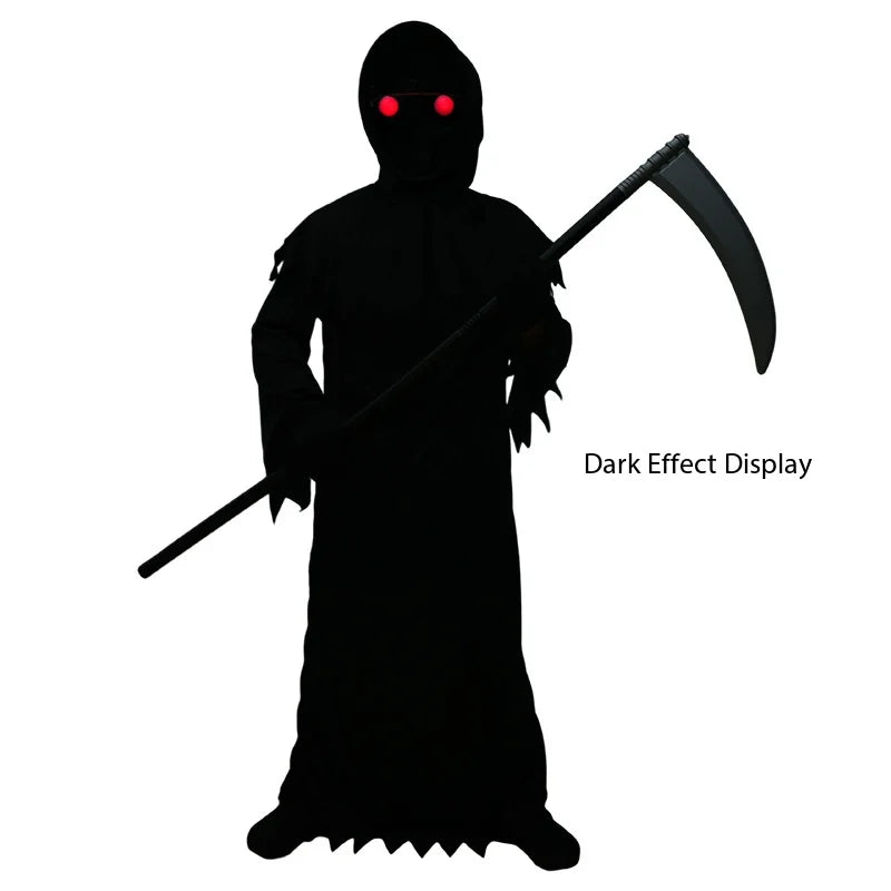 Halloween Grim Reaper Horror Costume Black Hooded Cloak Style Eerie Ghost Robe Costume Red Eye Flashing Role-Playing Set