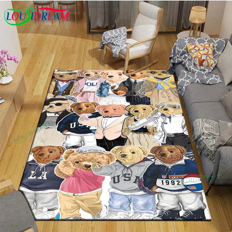 Cute Bear Cartoon Area Rug, 3D Printed Polyester Crystal Velvet Carpet with Non-Woven Backing, Kids Bedroom & Living Room Mat for Playroom, Home & Decor