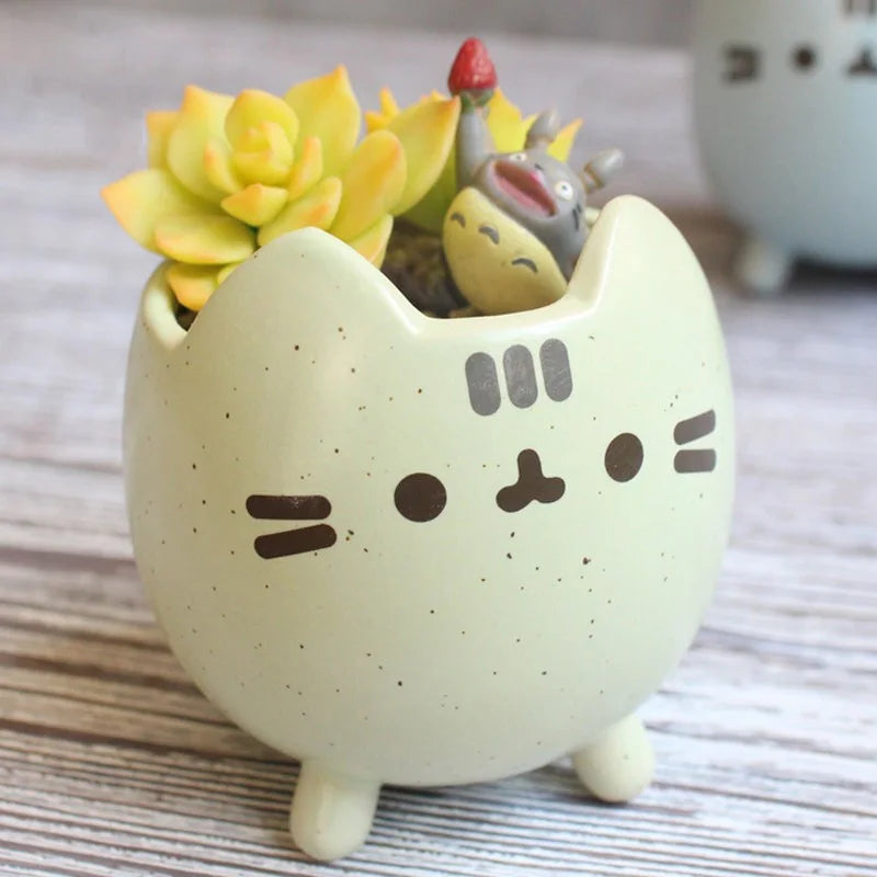 Cute Cat Succulent Pot with Drainage Hole, Small Ceramic Flower Planter, Animal Desktop Flowerpot for Home, Office, Garden, Bonsai & Gift Decor
