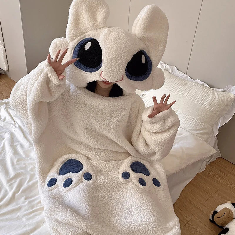 Cartoon Couples Matching Thiened Coral Fce Pajamas Spwear Women's Long Sve Hooded Home Clothes Warm Flannel Onesize Cos Costumes