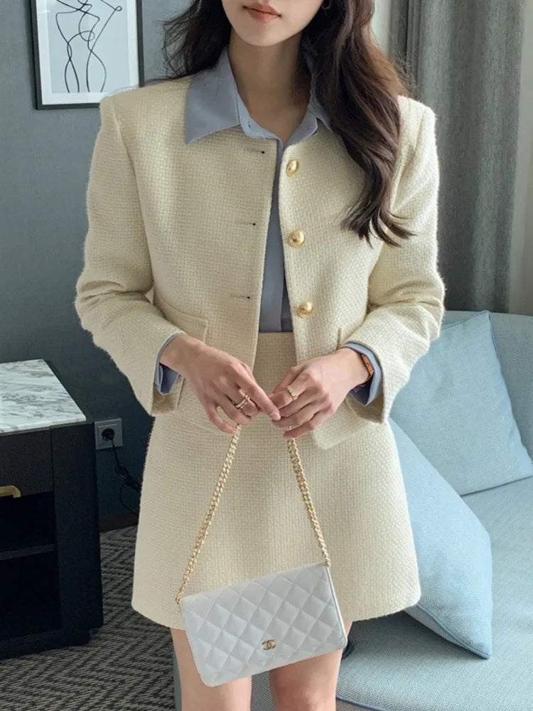 New Korean Fashion Tweed Two Piece Set For Women Autumn Winter Elegant