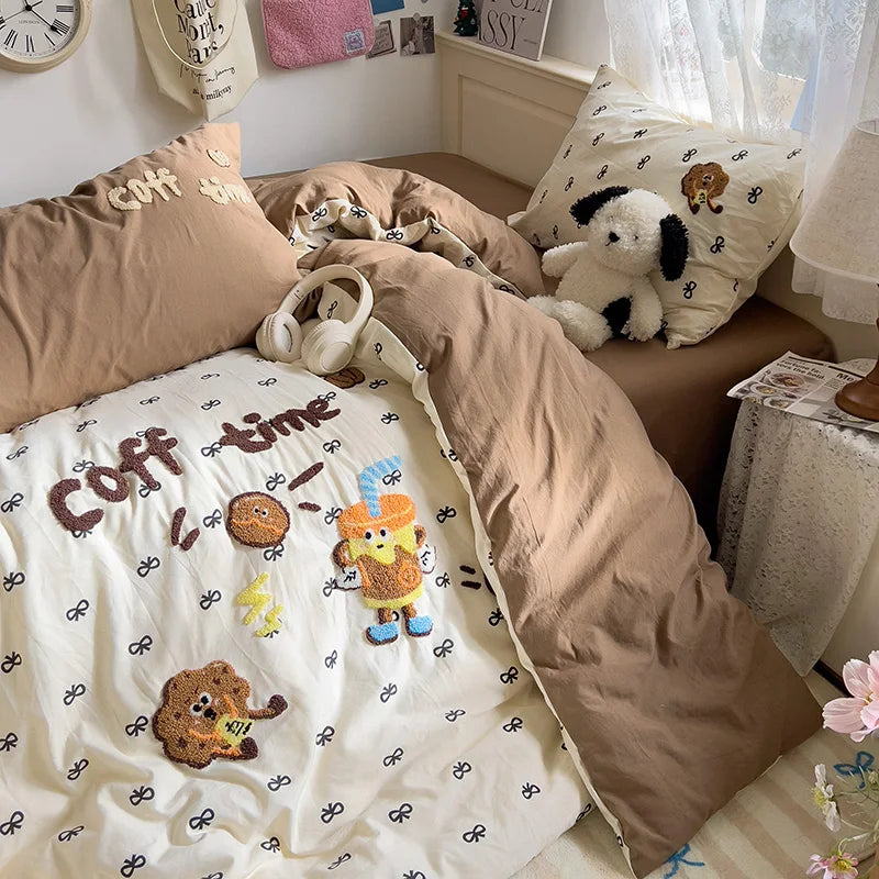 Cute Cartoon Animal Embroidery Bedding Set – 4-Piece Washed Polyester Jacquard Duvet Cover, Flat or Fitted Sheet & Pillowcases
