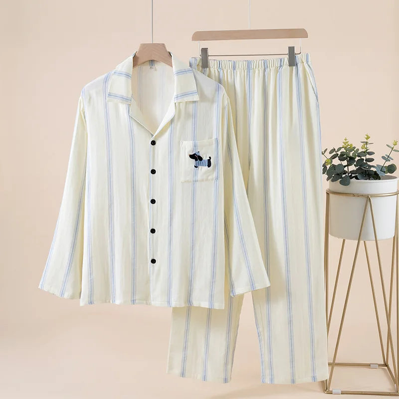 Cute Dog Embroidery Couple Pajamas Set 100% Cotton Striped Sleepwear for Lovers Matching Button Down Loungewear Japanese Style