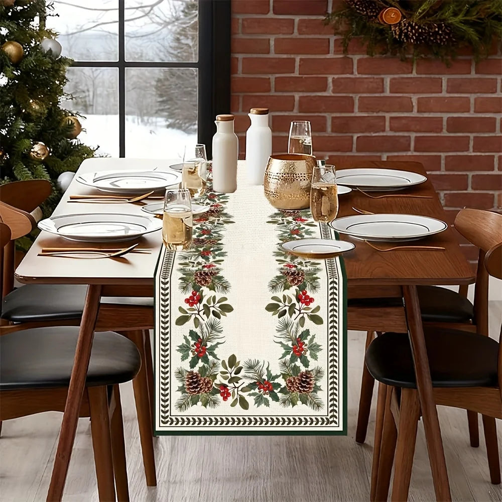Farmhouse Rustic Christmas Table Runner, Green Pinecones & Red Berries with Gold Accents, 100% Linen Holiday Dining Table Decor for Indoor & Outdoor Use